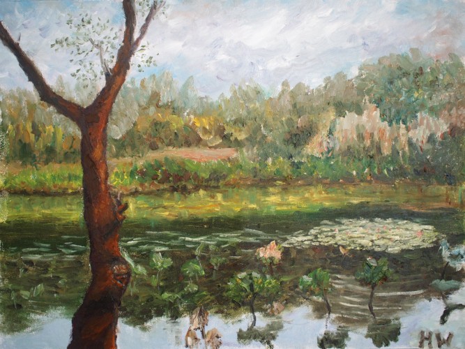 中大荷塘寫生.油畫.